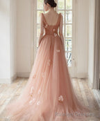 Pink V Neck Tulle Long Prom Dress, Tulle Pink Prom Dress