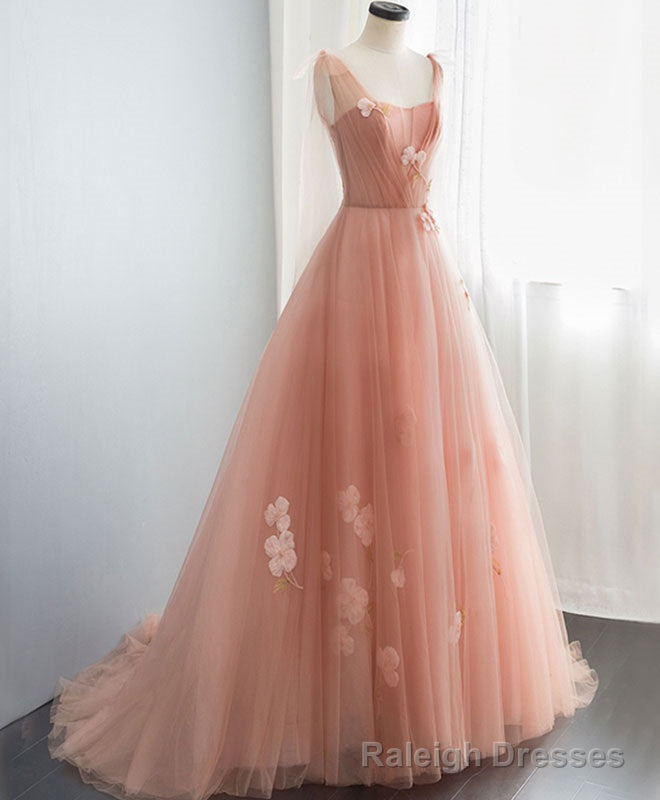 Pink V Neck Tulle Long Prom Dress, Tulle Pink Prom Dress