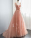 Pink V Neck Tulle Long Prom Dress, Tulle Pink Prom Dress