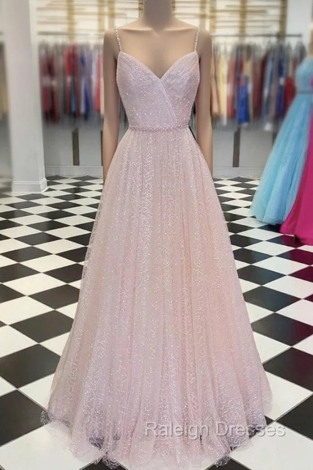 Pink V Neck Tulle Sequin Long Prom Dress Pink Tulle Formal Dress