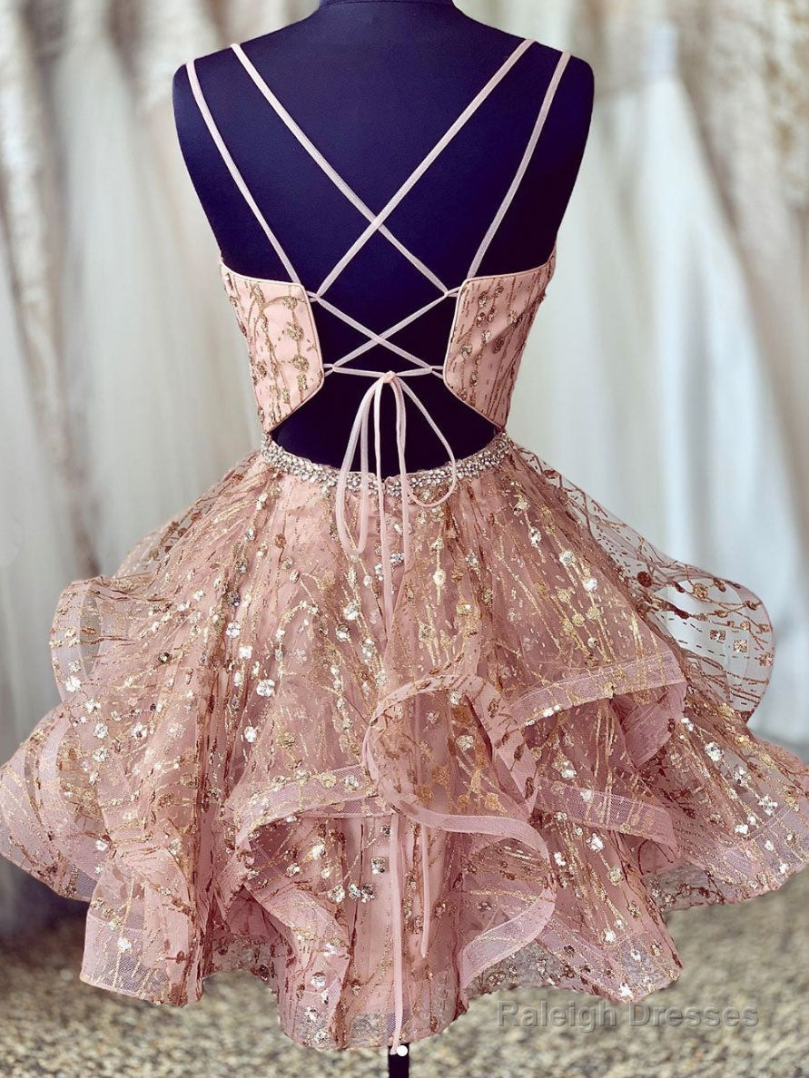 Pink V Neck Tulle Short Prom Dress, Pink Homecoming Dress Secondary image