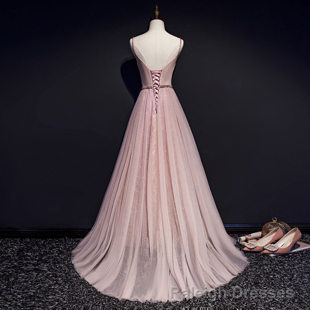 Pink V Neckline Beaded Tulle Prom Dress , Prom Gowns Secondary image
