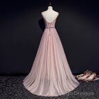 Pink V Neckline Beaded Tulle Prom Dress , Prom Gowns