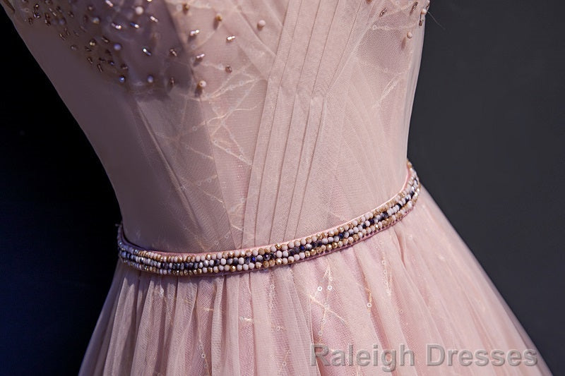Pink V Neckline Beaded Tulle Prom Dress , Prom Gowns