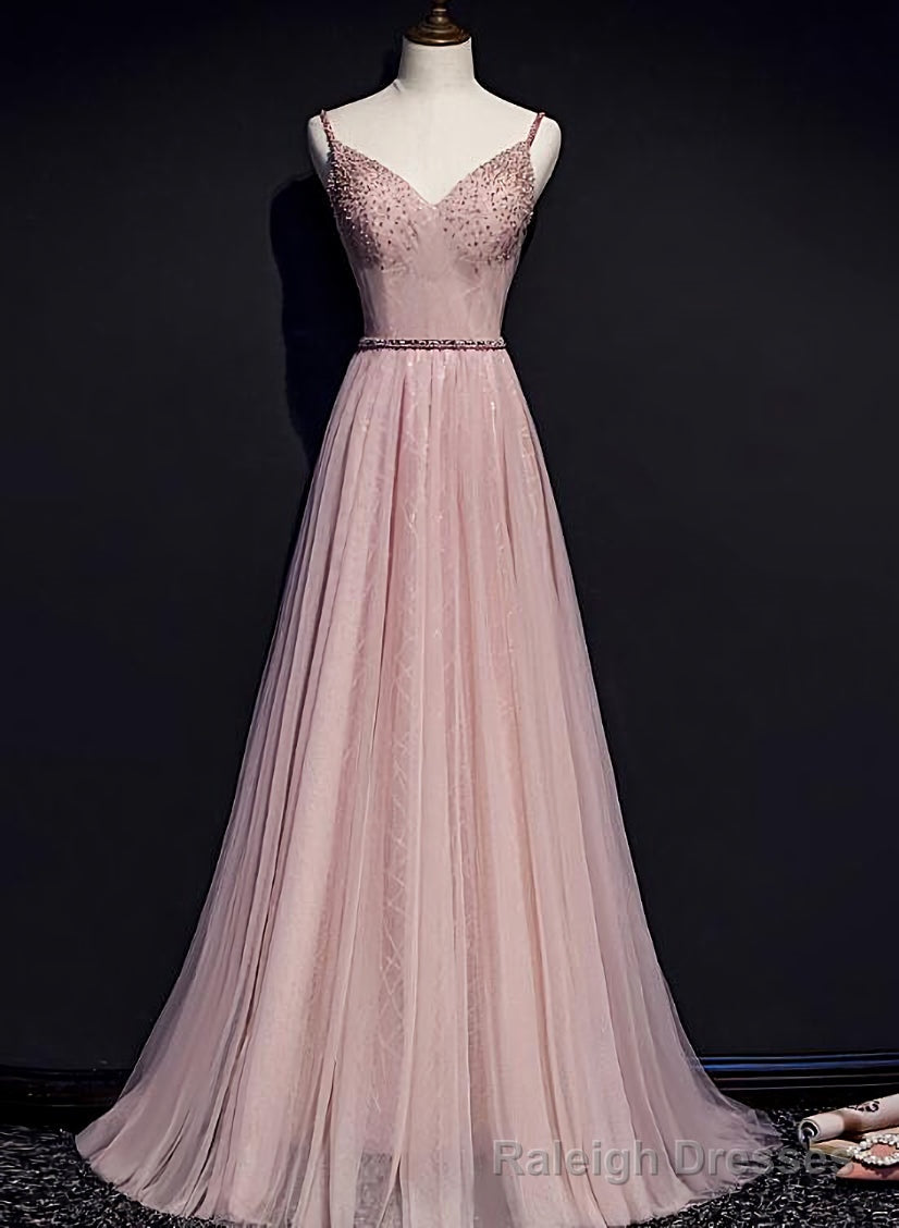 Pink V Neckline Beaded Tulle Prom Dress , Prom Gowns Main image