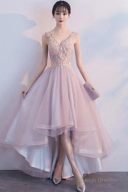 Pink V-Neckline High Low Fashionable Party Dress, Pink Prom Dress