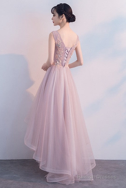 Pink V-Neckline High Low Prom Dresses Lace Applique Homecoming Dresses Secondary image