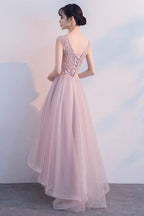 Pink V-Neckline High Low Prom Dresses Lace Applique Homecoming Dresses