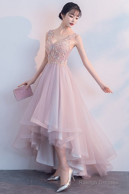 Pink V-Neckline High Low Prom Dresses Lace Applique Homecoming Dresses