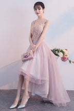 Pink V-Neckline High Low Prom Dresses Lace Applique Homecoming Dresses