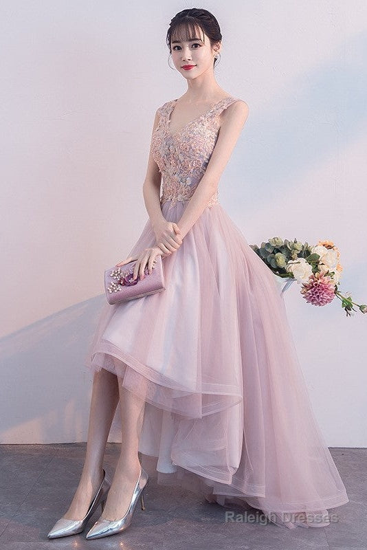 Pink V-Neckline High Low Prom Dresses Lace Applique Homecoming Dresses