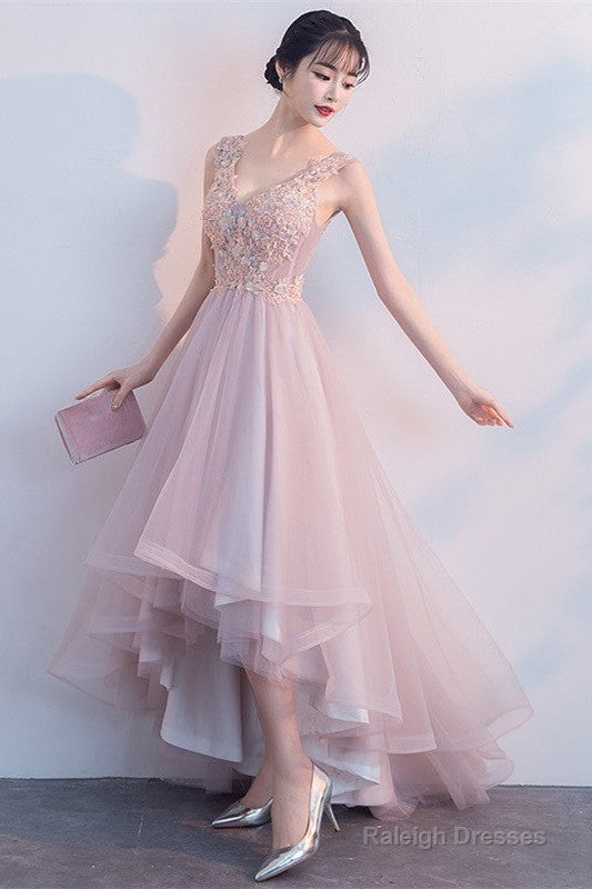 Pink V-Neckline High Low Formal Dress, Lace Applique Homecoming Dress Main image