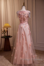 Pink V-Neckline Tulle Beaded With Lace Applique Prom Dress, Pink Party Dress