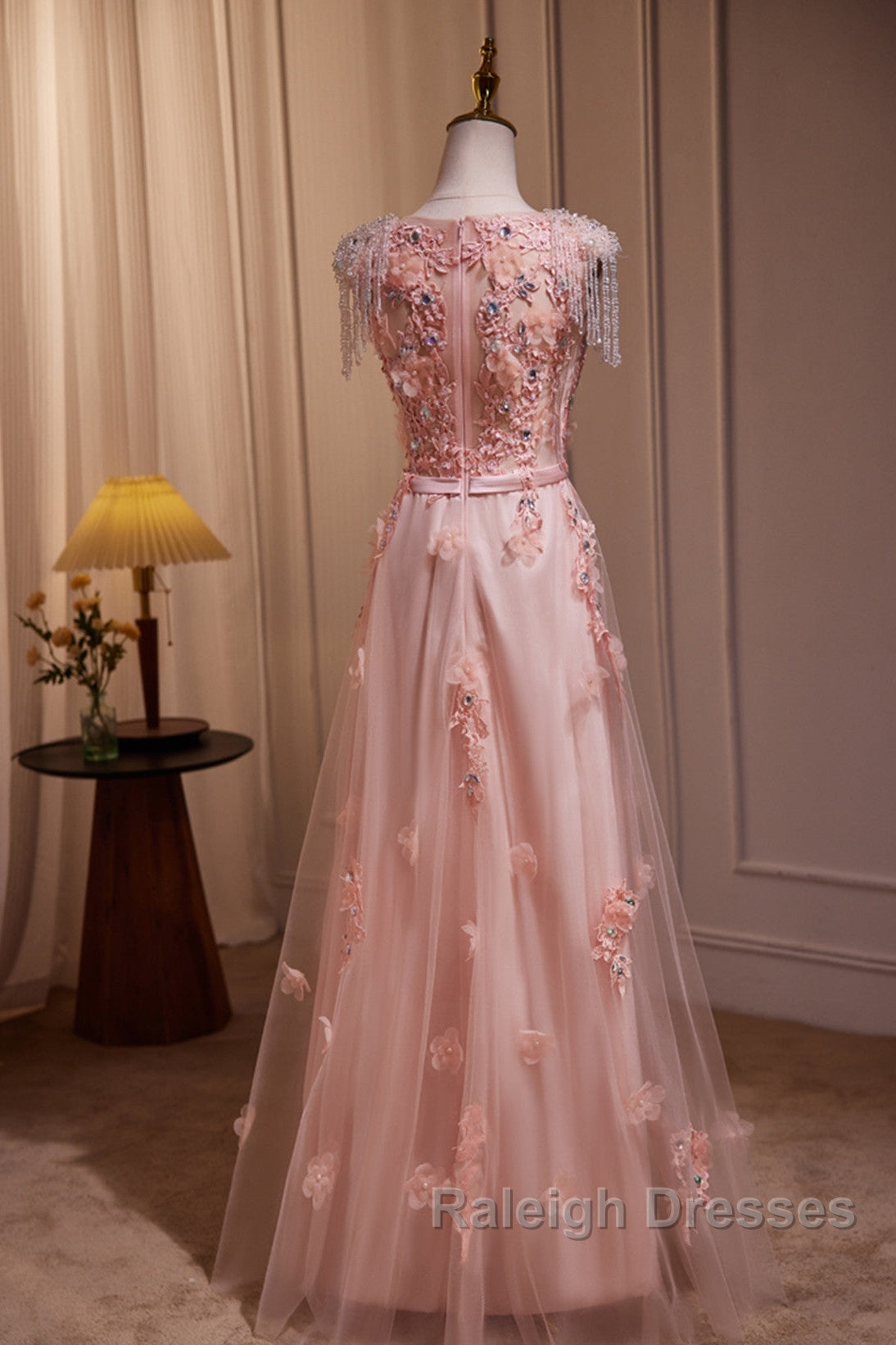Pink V-Neckline Tulle Beaded With Lace Applique Prom Dress, Pink Party Dress