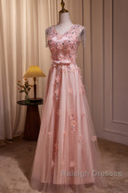 Pink V-Neckline Tulle Beaded With Lace Applique Prom Dress, Pink Party Dress