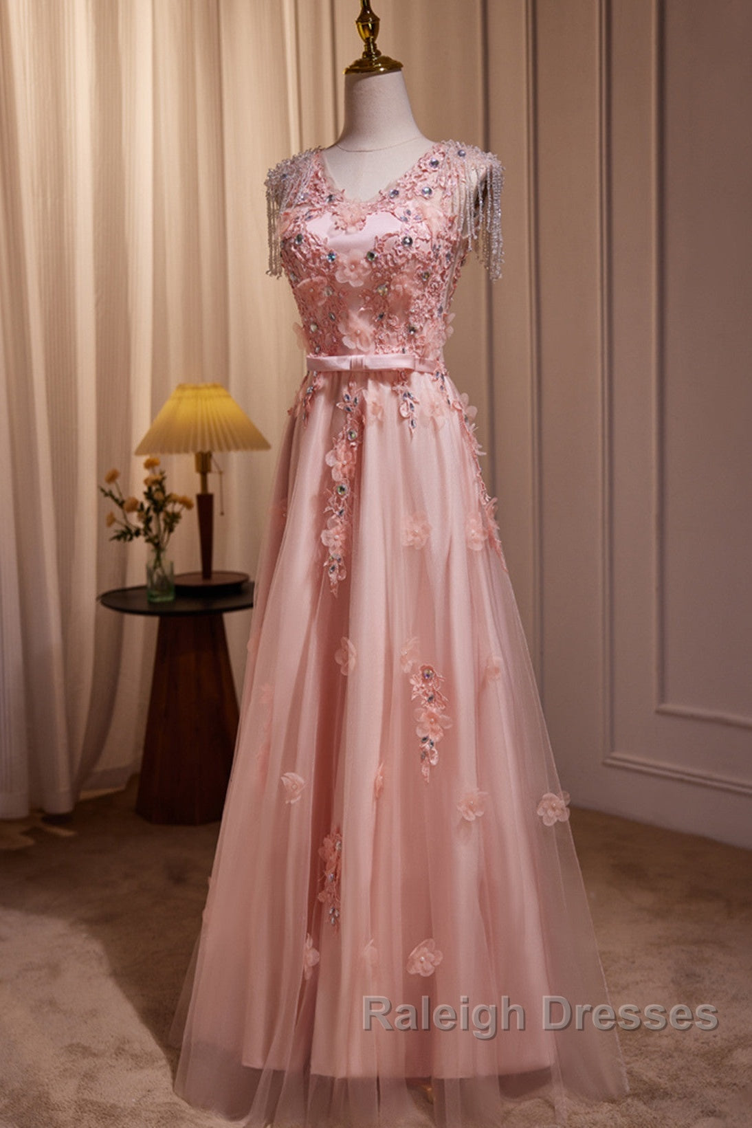 Pink V-Neckline Tulle Beaded With Lace Applique Prom Dress, Pink Party Dress