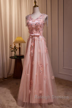 Pink V-Neckline Tulle Beaded With Lace Applique Prom Dresses Pink Prom Dresses