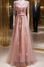 Pink V-Neckline Tulle Beaded With Lace Applique Prom Dress, Pink Party Dress