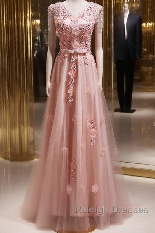 Pink V-Neckline Tulle Beaded With Lace Applique Prom Dresses Pink Prom Dresses Main image