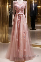 Pink V-Neckline Tulle Beaded With Lace Applique Prom Dresses Pink Prom Dresses
