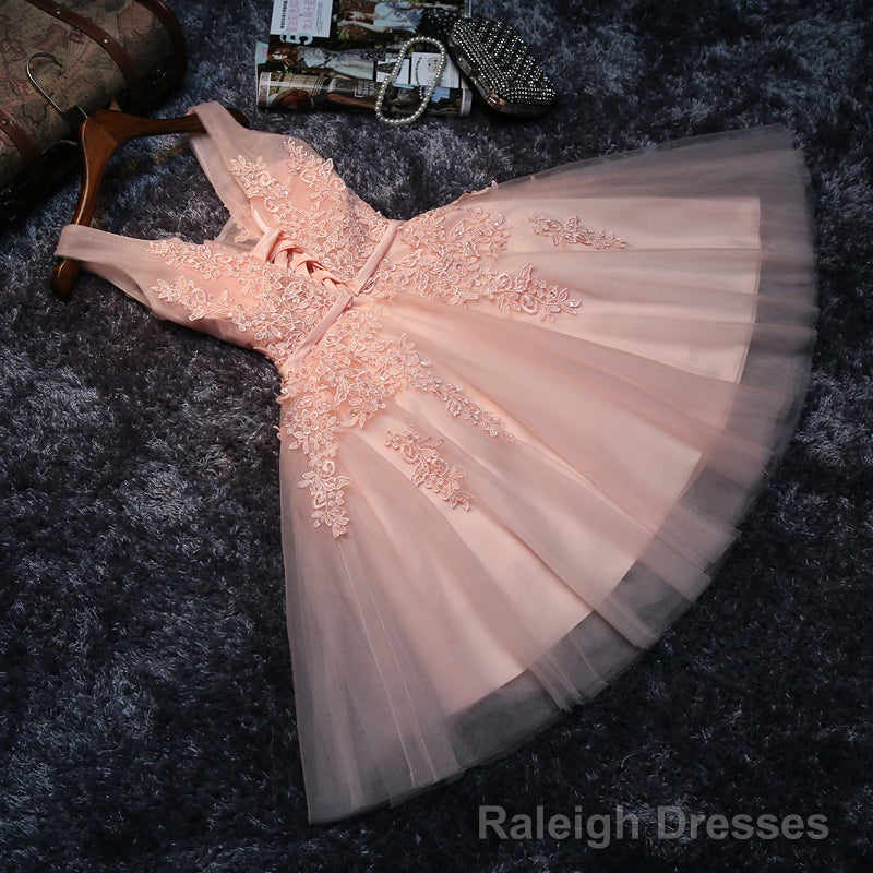 Pink V-neckline Tulle Knee Length Party Dress, Lovely Tulle Formal Dress