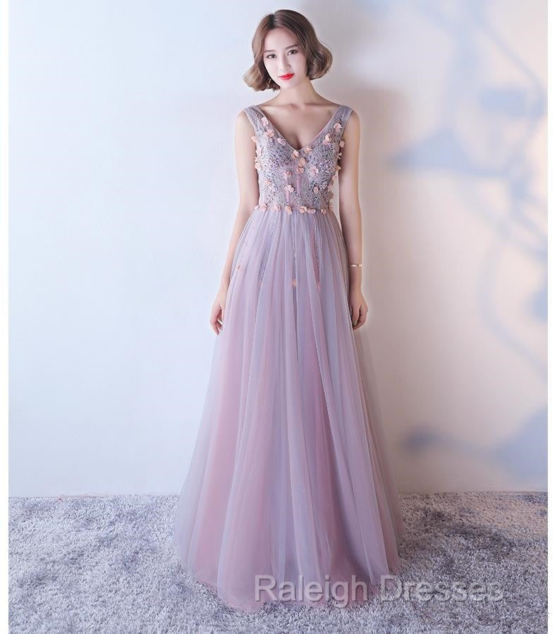 Pink V-Neckline Tulle With Flowers Beaded Long Party Dress, Junior Prom Dresses Secondary image