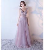 Pink V-Neckline Tulle With Flowers Beaded Long Party Dress, Junior Prom Dresses