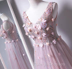 Pink V-Neckline Tulle With Flowers Beaded Long Party Dress, Junior Prom Dresses