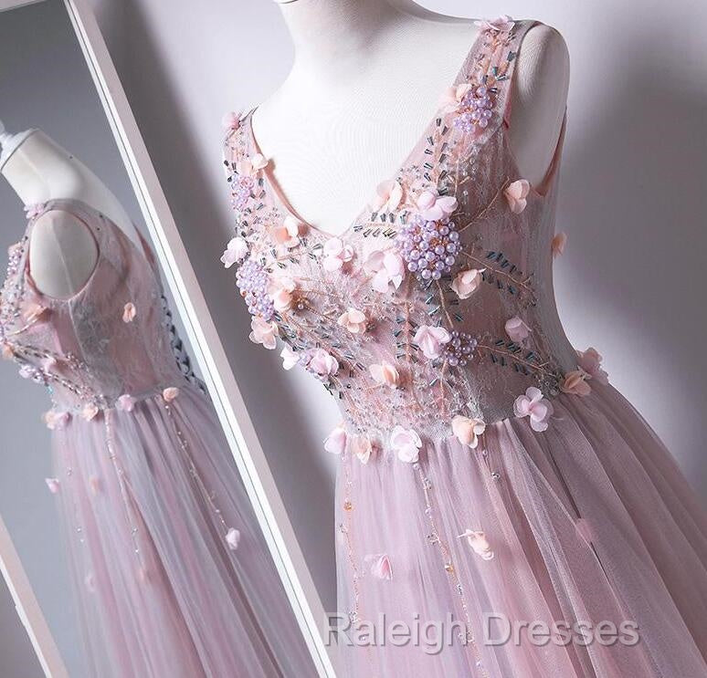 Pink V-Neckline Tulle With Flowers Beaded Long Party Dress, Junior Prom Dresses