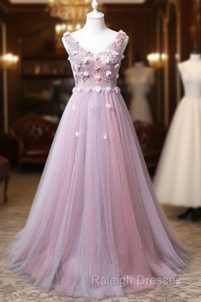 Pink V-Neckline Tulle With Flowers Beaded Long Party Dress, Junior Prom Dresses Main image