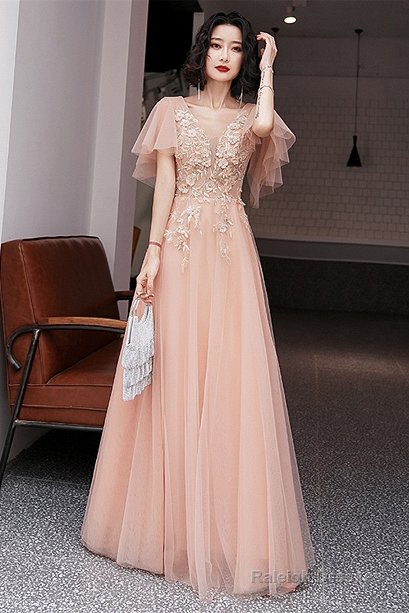 Pink V-Neckline Tulle With Lace Applique Long Prom Dresses Pink A-Line Prom Dresses Secondary image