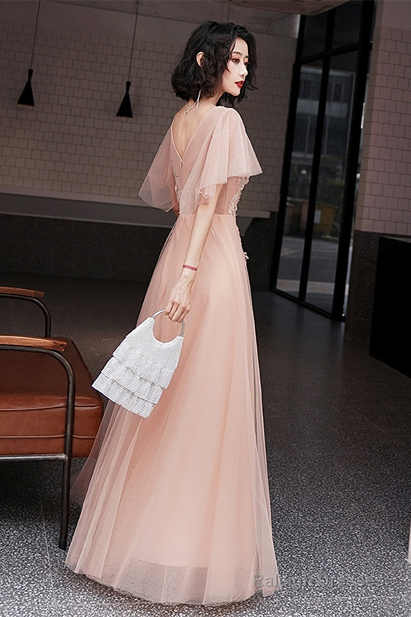 Pink V-Neckline Tulle With Lace Applique Long Prom Dresses Pink A-Line Prom Dresses