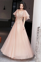 Pink V-Neckline Tulle With Lace Applique Long Prom Dresses Pink A-Line Prom Dresses