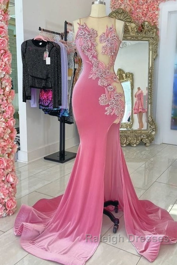 Pink Velvet Applique Beaded Prom Dresses, Sexy Mermaid Slit Evening Dresses Main image