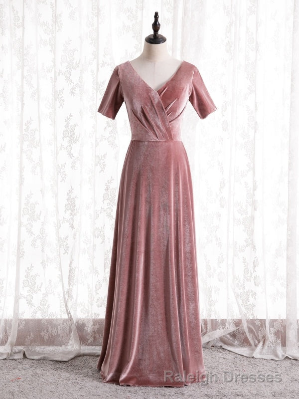 Pink Velvet V-neck Short Sleeve Prom Dress Main image