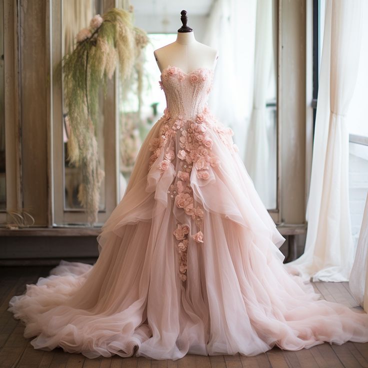 Pink Vintage A-Line Sweetheart Lace Tulle Long Prom Gowns Applique Wedding Dresses