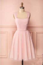 Pink Vintage Tulle Knee Length Homecoming Dress Straps Graduation Dress