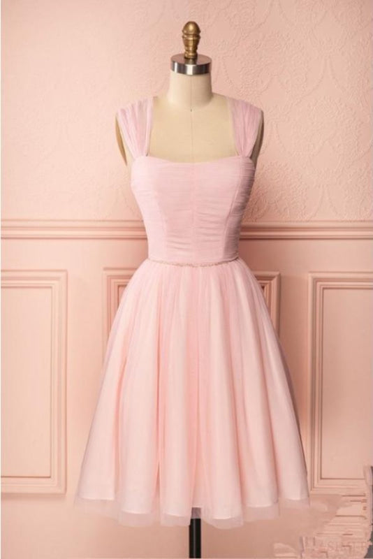 Pink Vintage Tulle Knee Length Homecoming Dress Straps Graduation Dress Main image