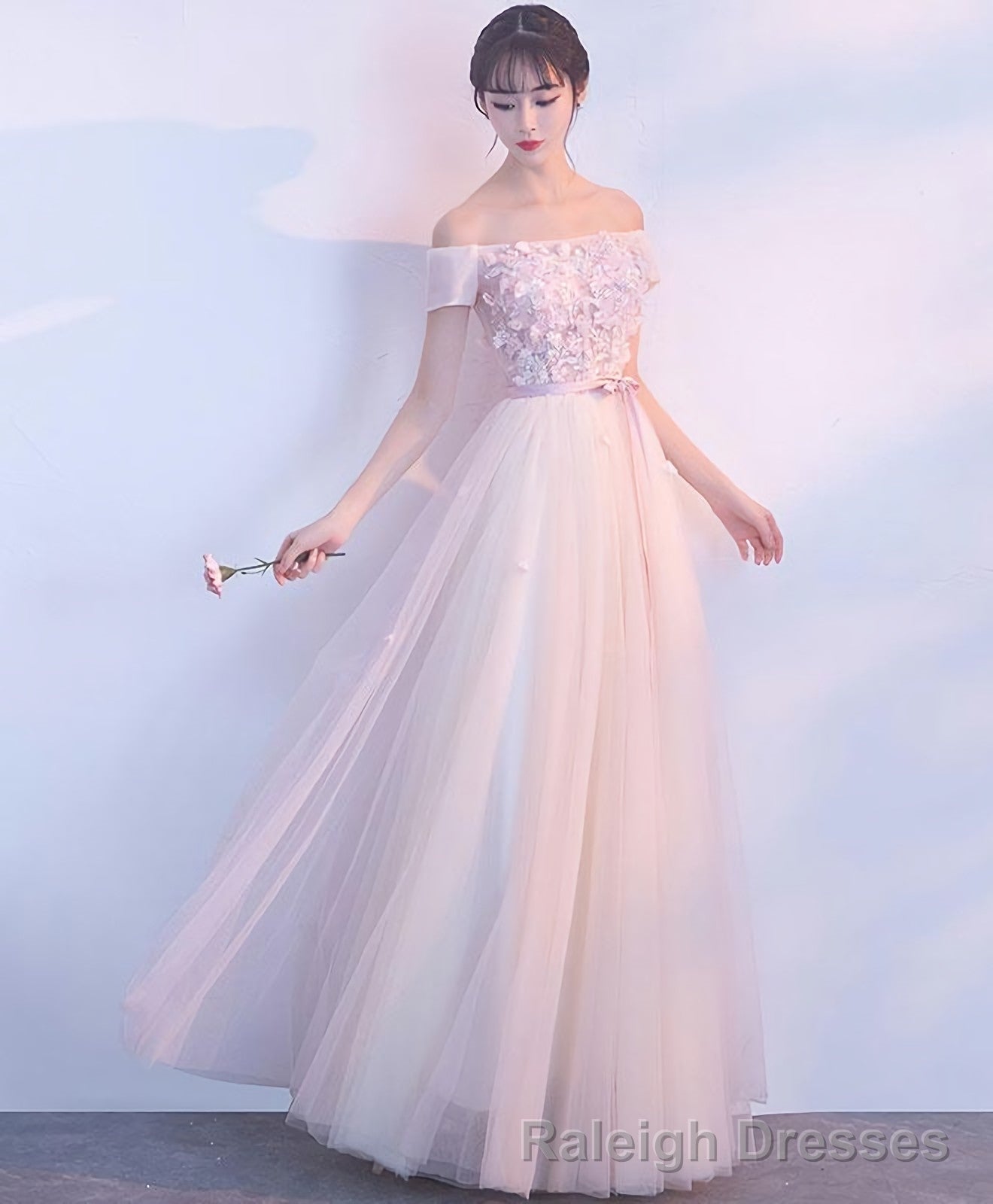 Pink Tulle Off Shoulder Long Prom Dress Pink Evening Dress