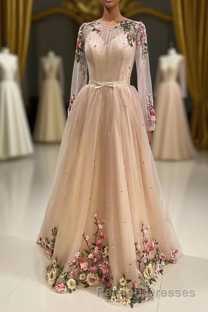 A Line Tulle Long Prom Dress with Flowers, Pink Long Sleeves Party Dress with Beading