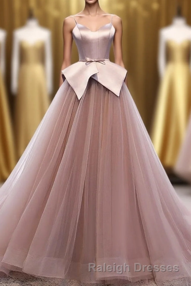 Pink Spaghetti Straps Tulle Long Prom Dresses Unique Long Wedding Dess Main image
