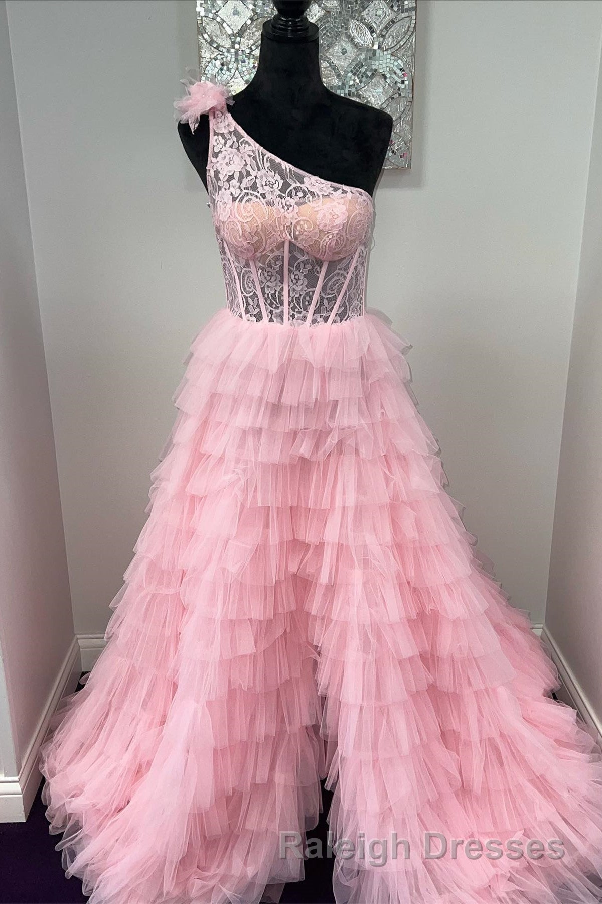 One Shoulder Lace and Tulle Tiered Ruffle Prom Dresses