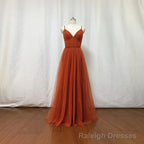 Burnt Orange Tulle Bridesmaid Dress, 2026 Spaghetti Straps Boho