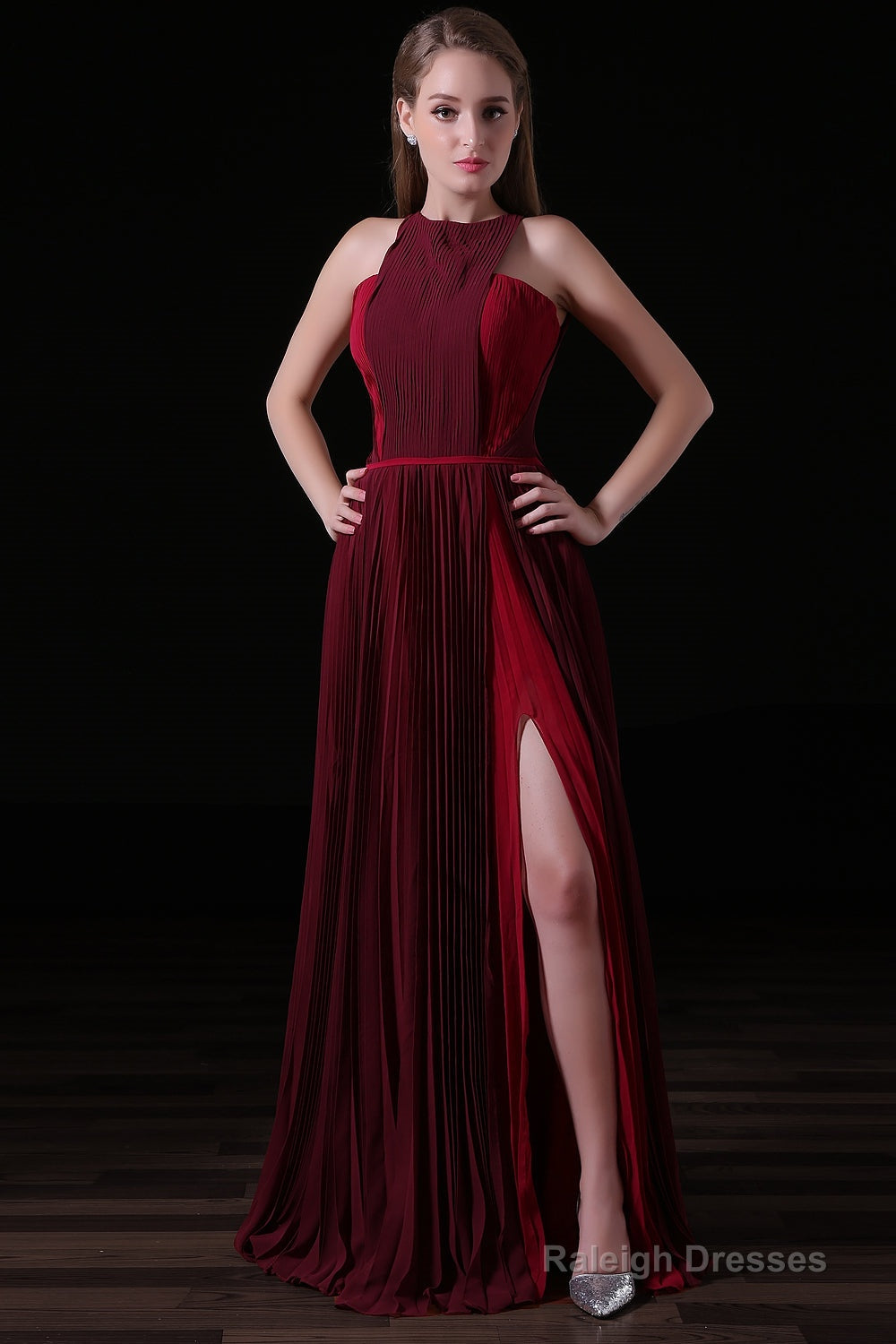 Pleat Draped Side Slit Off Shoulder Zipper Burgundy Bridesmaid Dresses