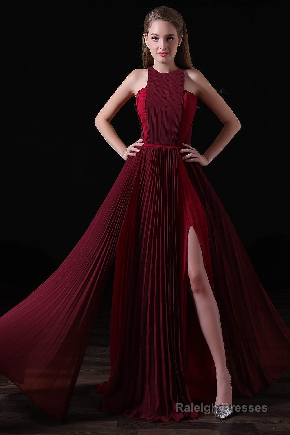 Pleat Draped Side Slit Off Shoulder Zipper Burgundy Bridesmaid Dresses