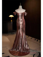 Pleat Trumpet Mermaid Coffee Sequin Prom Dress With Slit