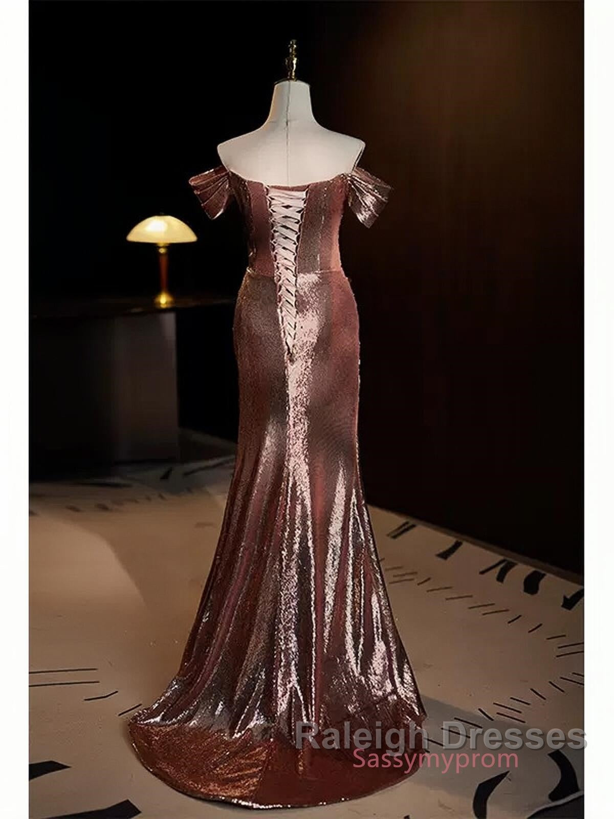 Pleat Trumpet Mermaid Coffee Sequin Prom Dresses With Slit