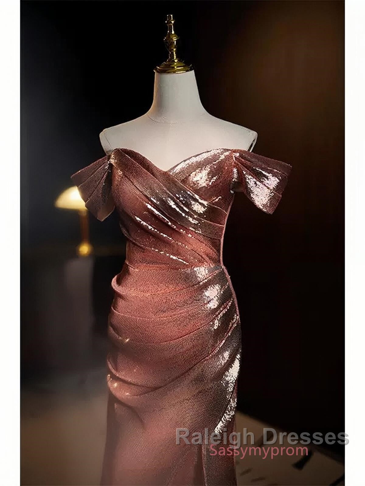 Pleat Trumpet Mermaid Coffee Sequin Prom Dresses With Slit