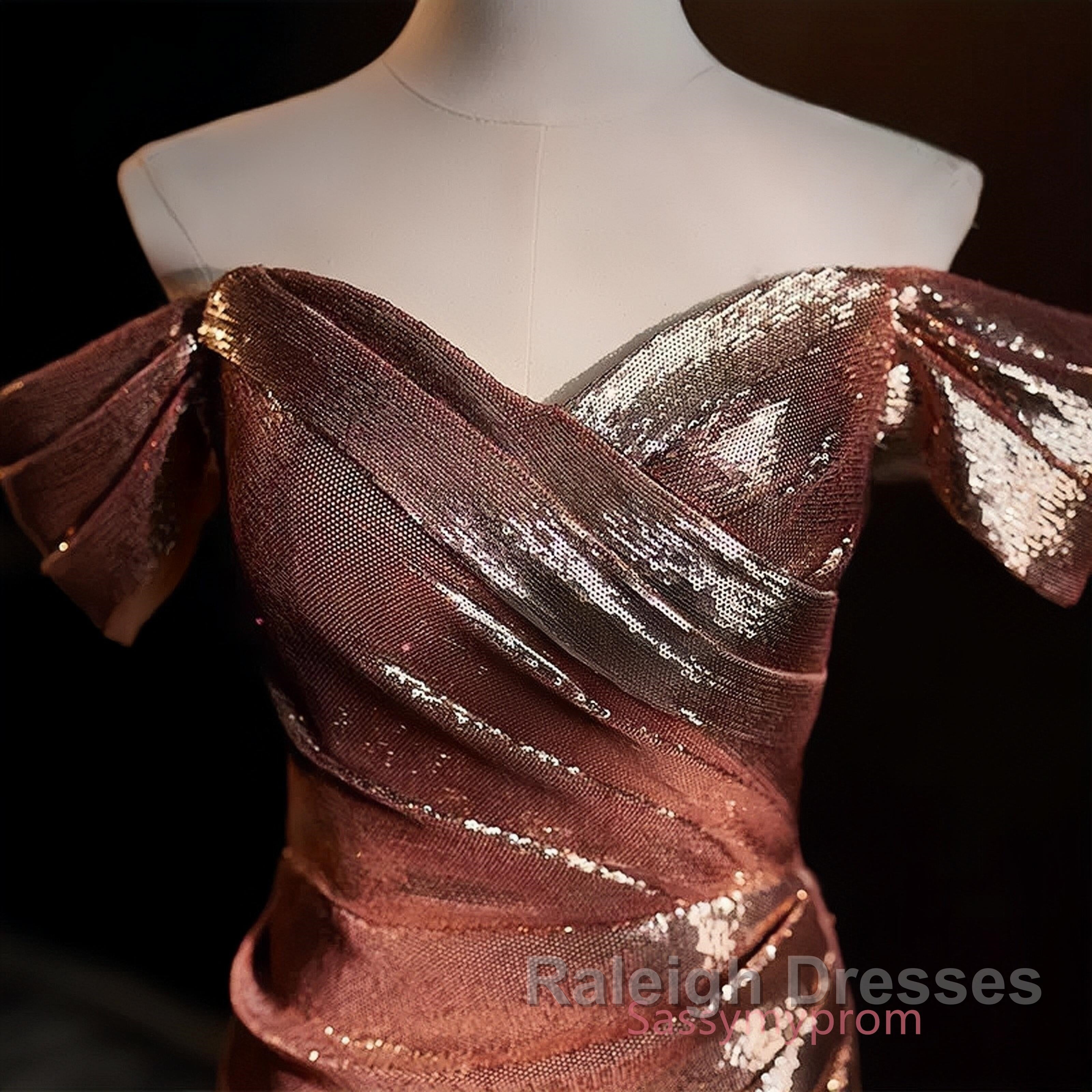 Pleat Trumpet Mermaid Coffee Sequin Prom Dresses With Slit