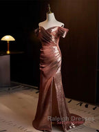 Pleat Trumpet Mermaid Coffee Sequin Prom Dress With Slit